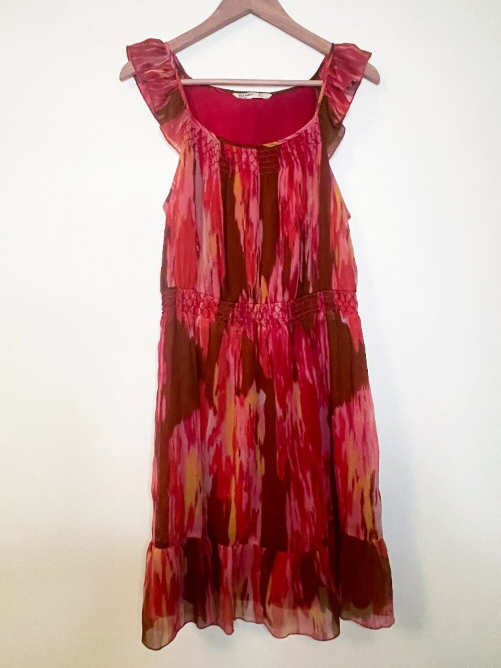 Old Navy Pink Brown Abstract Flutter Sleeve Midi Dress Size L Y2K